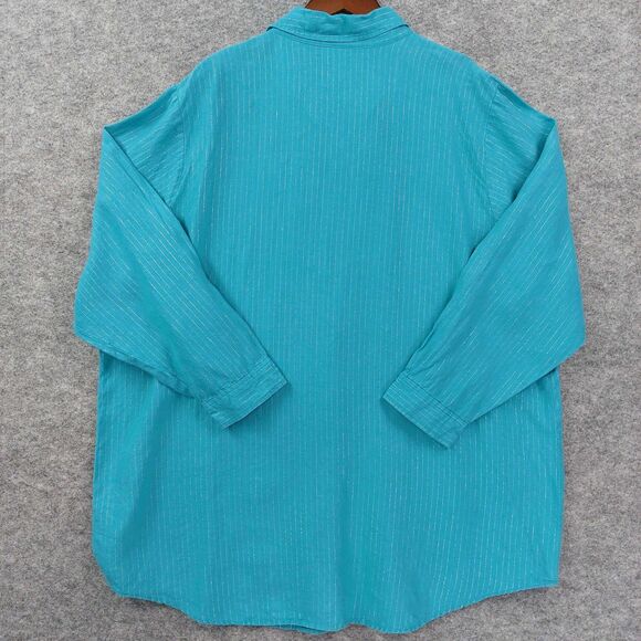 Soft Surroundings Shirt Sz 3X Linen Blue Silver Metallic Stripe Long Sleeve Top - Picture 8 of 8